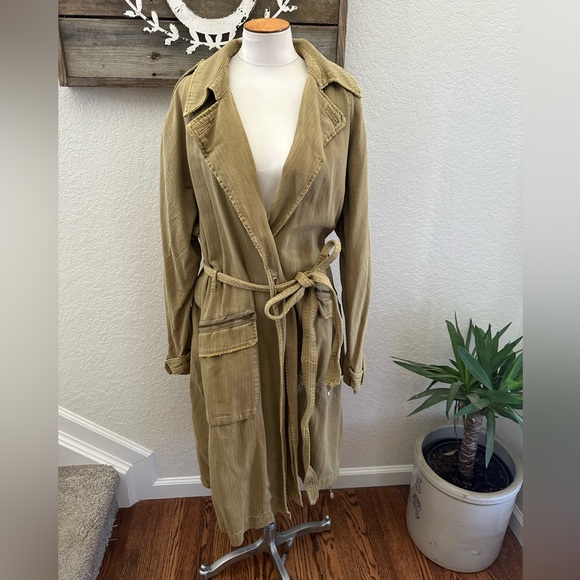 Free People We The Free Beige Tan Khaki trench coat Jacket ladies large - Picture 1 of 8